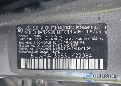 2005 BMW X5 3.0I from USA, damaged, VIN 5UXFA13585LY22084